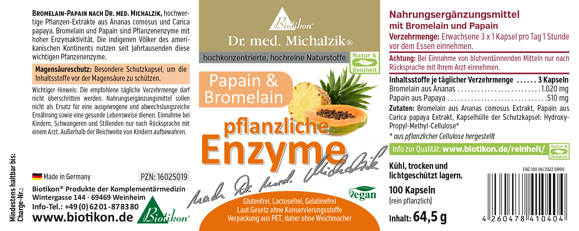Pflanzliche Enzyme Etikett Nahrungsergänzungsmittel mit Bromelain und Papain, 100 Kapseln, Verpackung in leichtem PET.