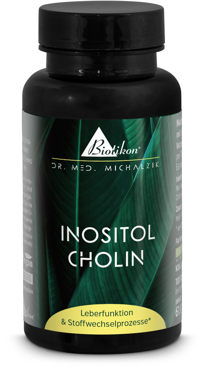 Blaue Flasche mit Inositol Cholin Kapseln, 100 Stück, neben Kapseln auf weißem Hintergrund.
