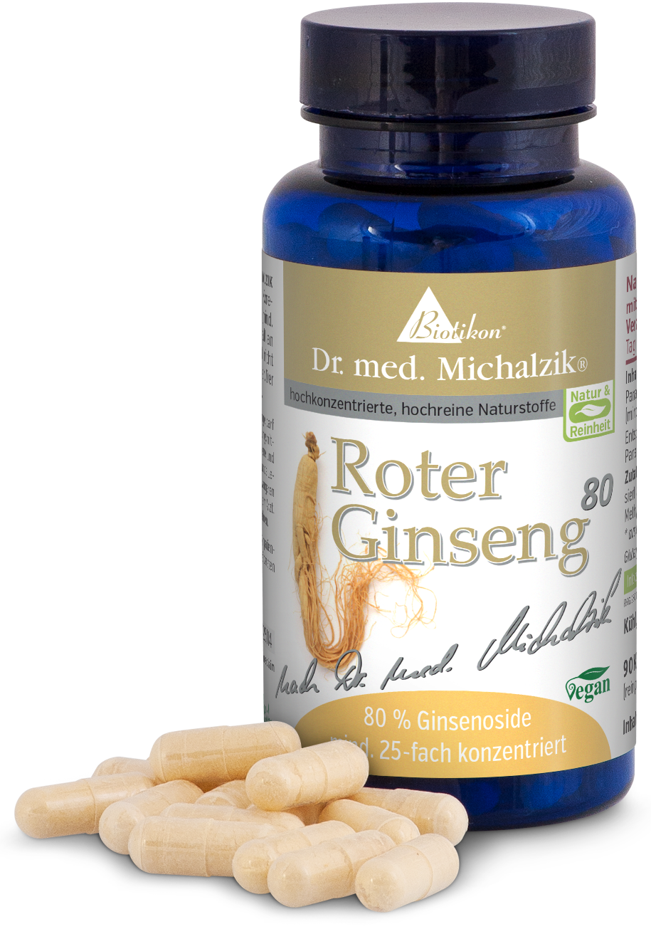 Roter Ginseng 80 – Kapseln Flasche mit rotem Ginseng, 80% Ginsenoside, 25-fach konzentriert, vegane Kapseln, transparente Kapseln, blaue Verpackung.