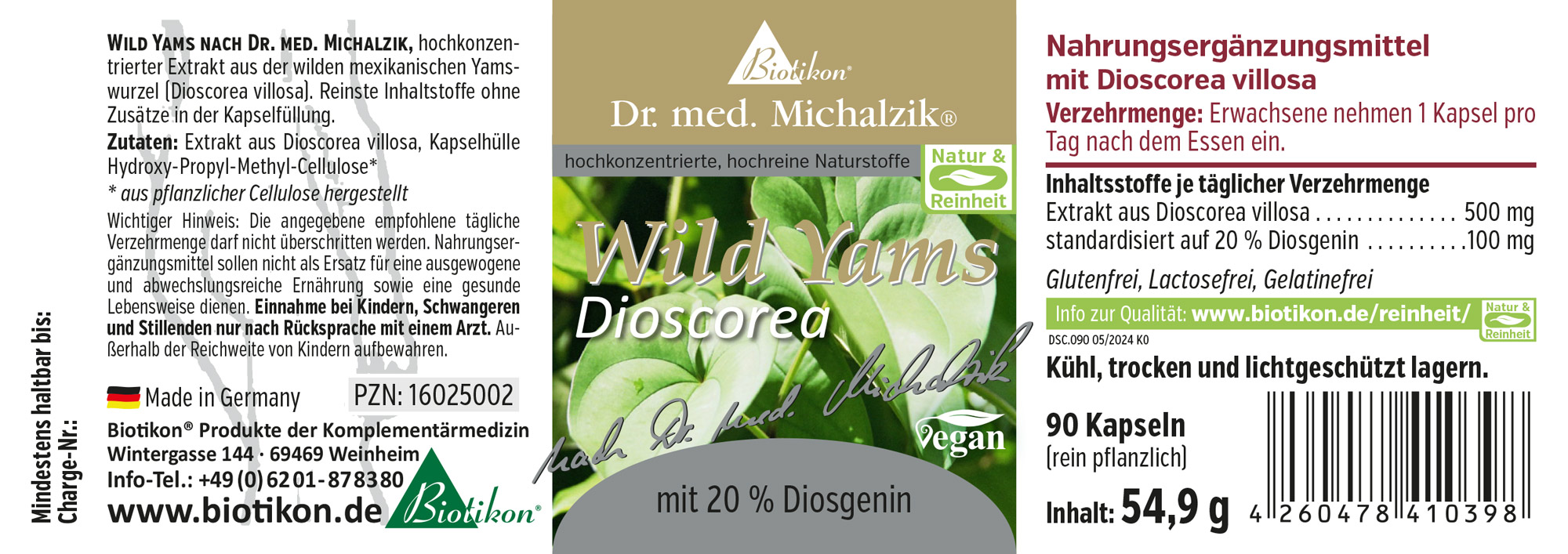 Wild Yams Dioscorea 500 mg – Kapseln 90 Kapseln Wild Yams mit 20 % Diosgenin, hochkonzentrierter Extrakt, vegan, in einer hellen Verpackung.