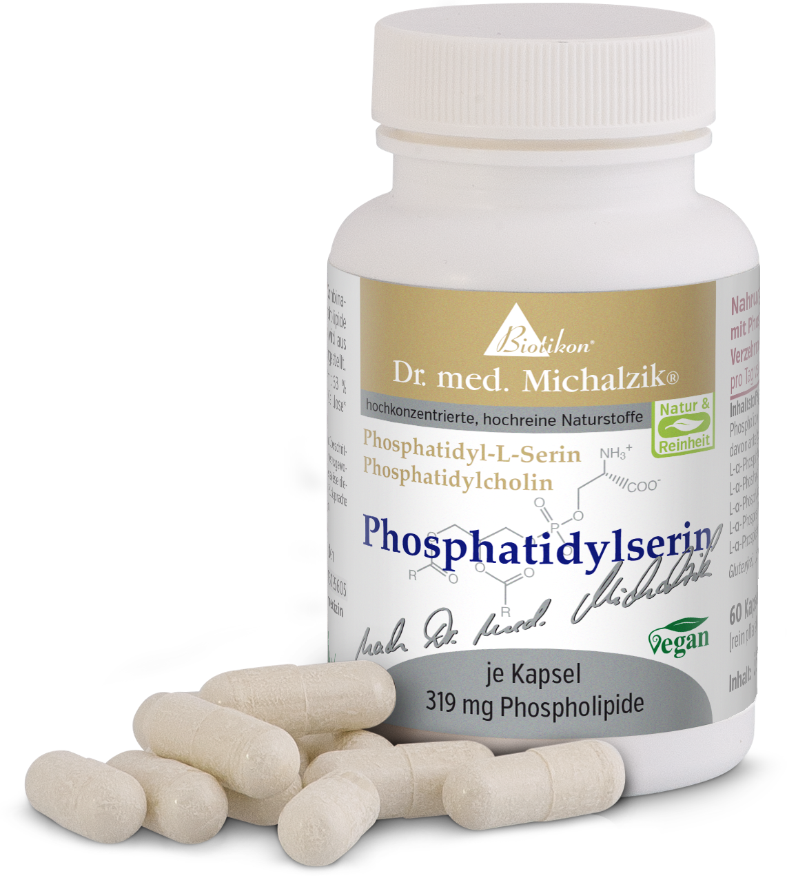 Phosphatidylserin 319 mg – Kapseln Flasche mit Phosphatidylserin-Kapseln, 60 Stück, beige Kapseln, vordere Ansicht.