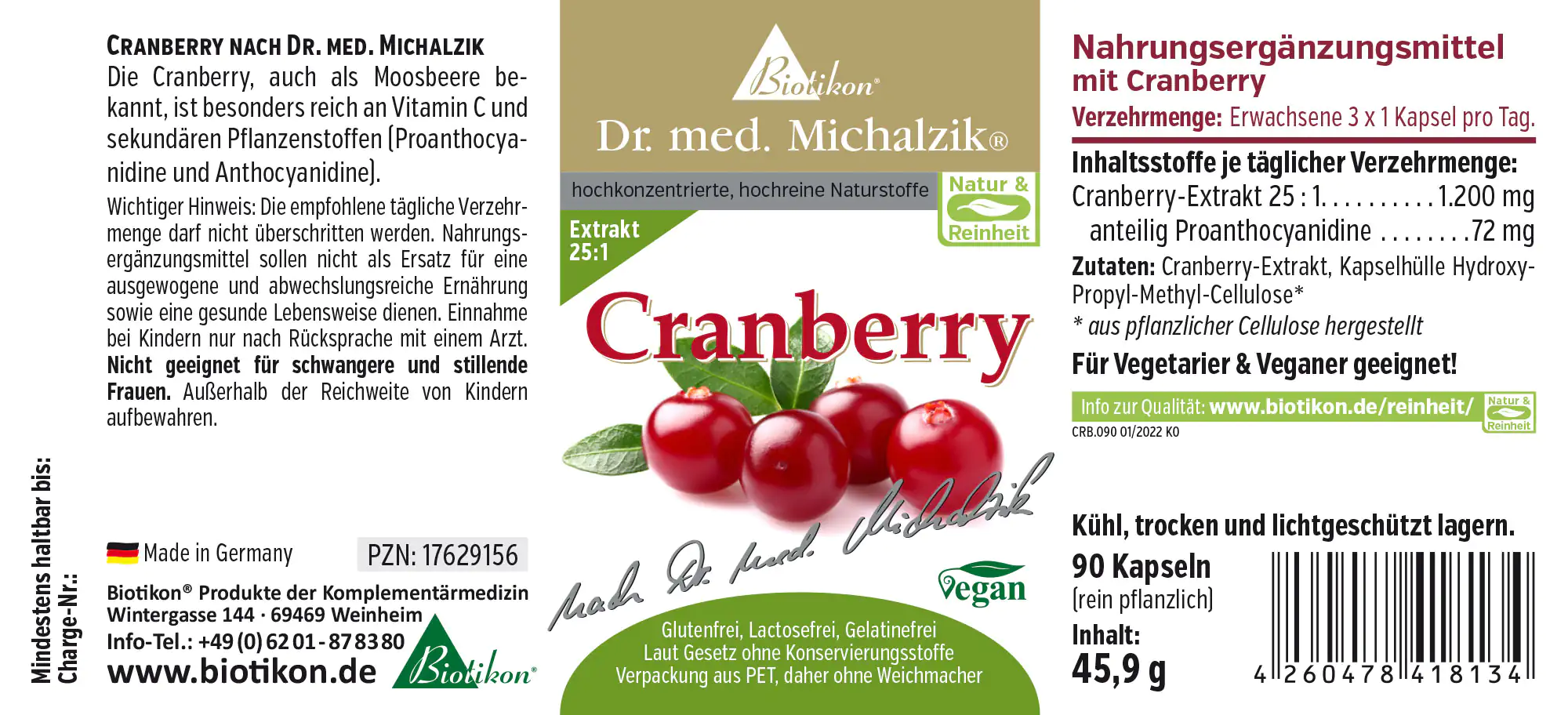Cranberry Extrakt 1200 mg – Kapseln Cranberry Nahrungsergänzungsmittel, 90 vegane Kapseln, grüne Verpackung, deutschsprachige Produktbeschreibung.
