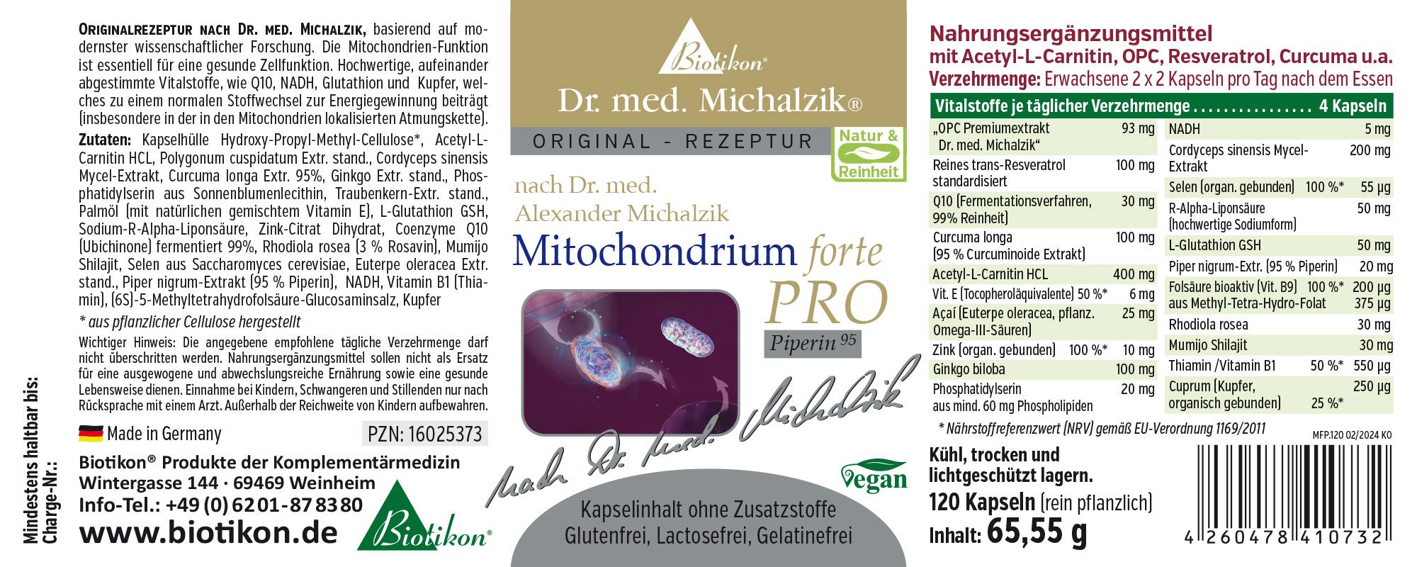 Mitochondrium forte PRO – 120 Kapseln Nahrungsergänzungsmittel Mitochondrium forte PRO in einer Packung mit 120 pflanzlichen Kapseln, vegan und glutenfrei.