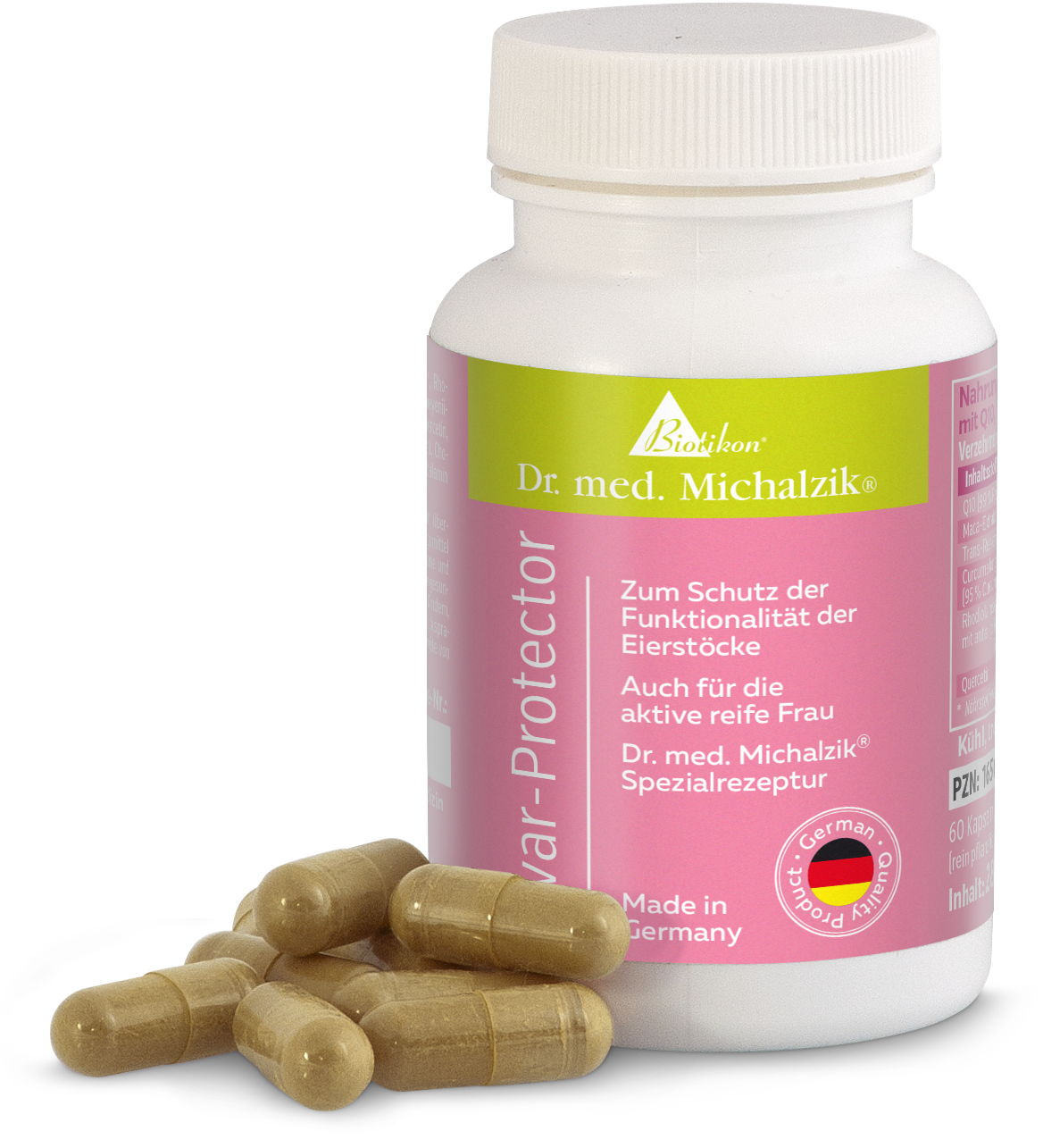 Eivar-Protector – 60 Kapseln Eivar-Protector, Kapseln in rosa Flasche, 60 Stück, aus Deutschland, auf weißem Hintergrund.