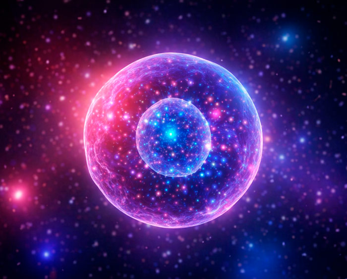 Leuchtende, kugelförmige Zelle mit hellem Kern, umgeben von schimmernden Farben in einem kosmischen Hintergrund. Leuchtende, kugelförmige Zelle mit hellem Kern, umgeben von schimmernden Farben in einem kosmischen Hintergrund.