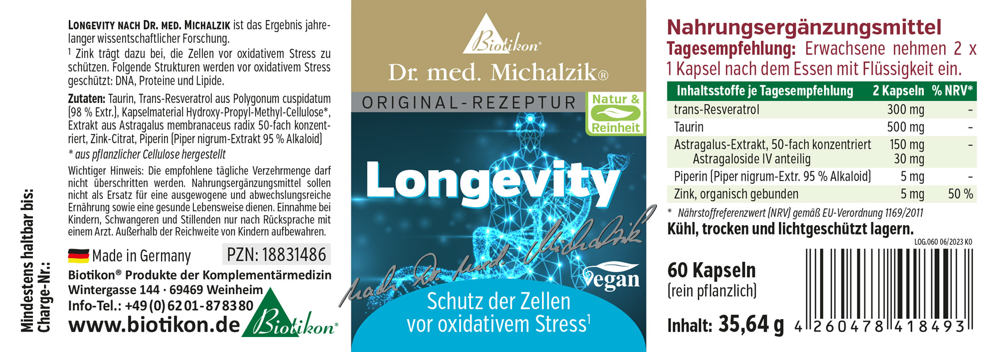 Longevitäts-Kapseln 60 Stk – Nahrungsergänzungsmittel 60 Kapseln von Longevitäts-Nahrungsergänzungsmittel in einer stabilen Verpackung, vegan, farbenfroh designet.