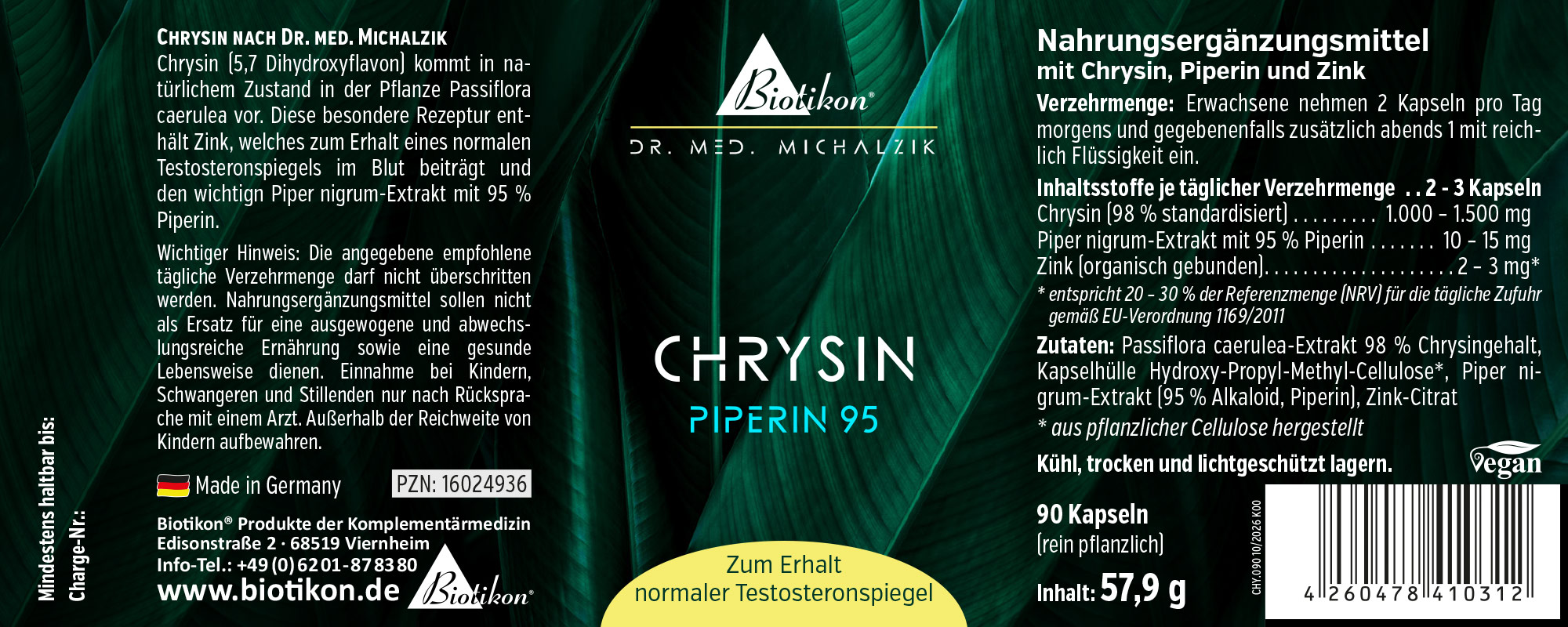 Nahrungsergänzungsmittel Chrysin, 90 Kapseln in PET-Verpackung, farbige Grafiken, detaillierte Inhaltsstoffe.