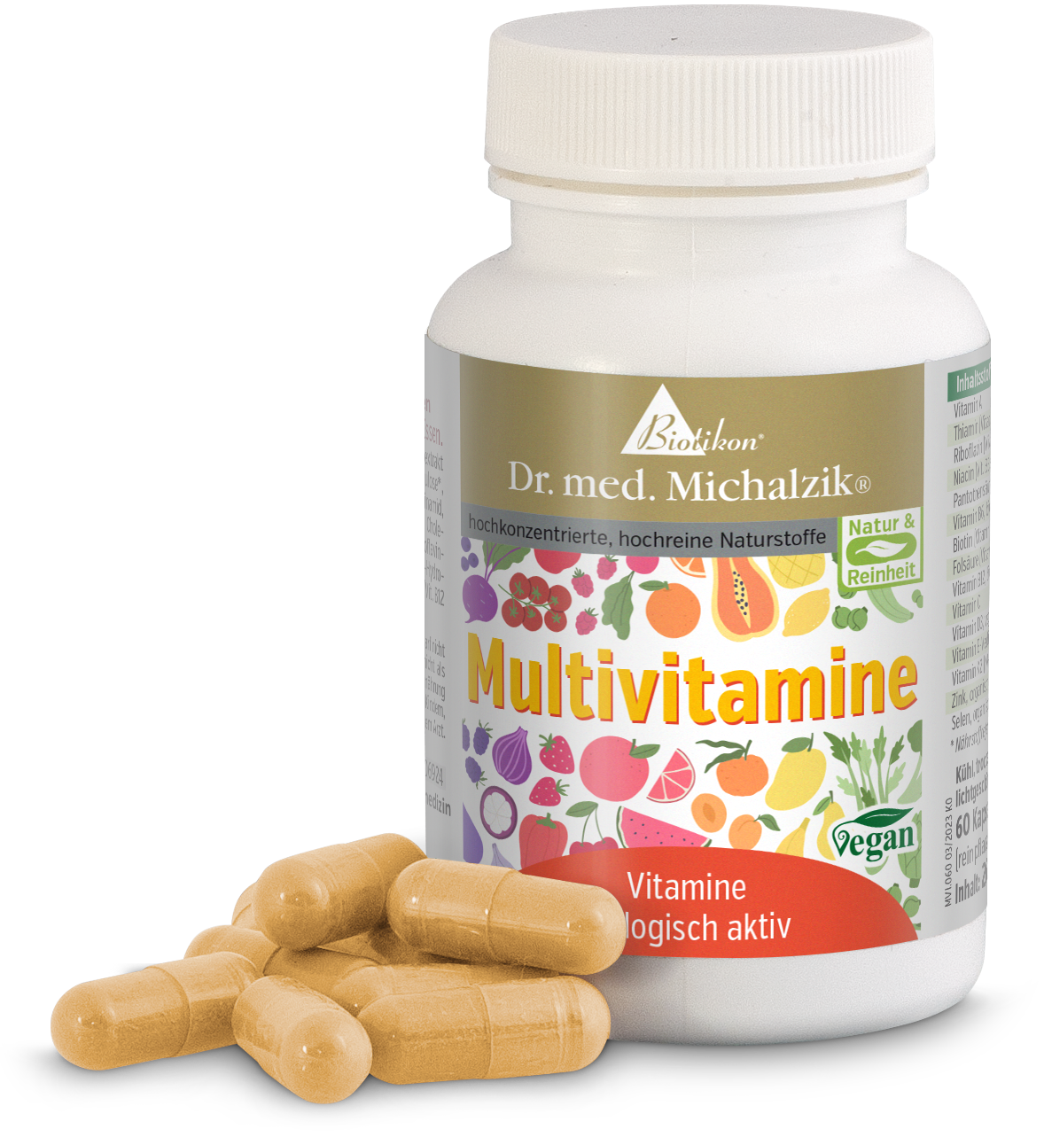 Multivitamine Kapseln – 90 Stück Weißer Flakon mit Multivitaminen, 90 vegane Kapseln in hellgelb, seitliche Ansicht.