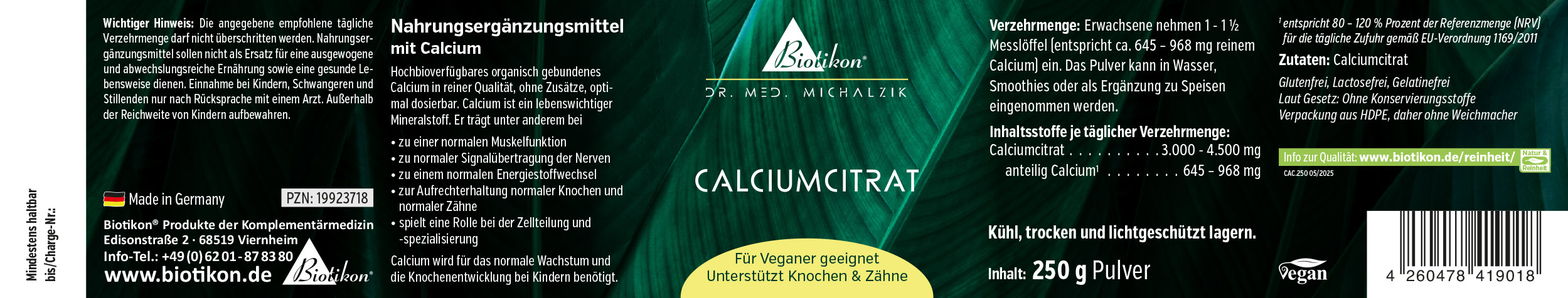 Calciumcitrat 250 g – Pulver Nahrungsergänzungsmittel Calciumcitrat in 250 g Dose, grüne Verpackung, Pulverform.