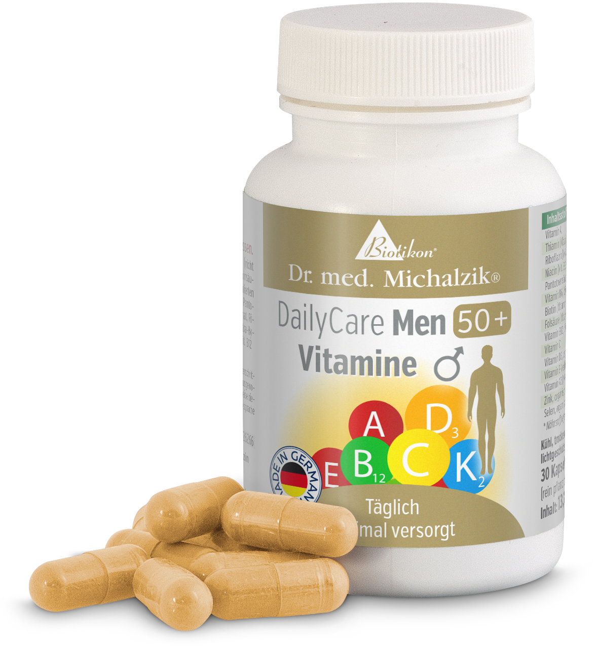 Multivitamine 30 Kapseln – DailyCare Men 50+ Flasche mit 30 Kapseln, beige Kapseln vor der Verpackung, Dreiviertelansicht.