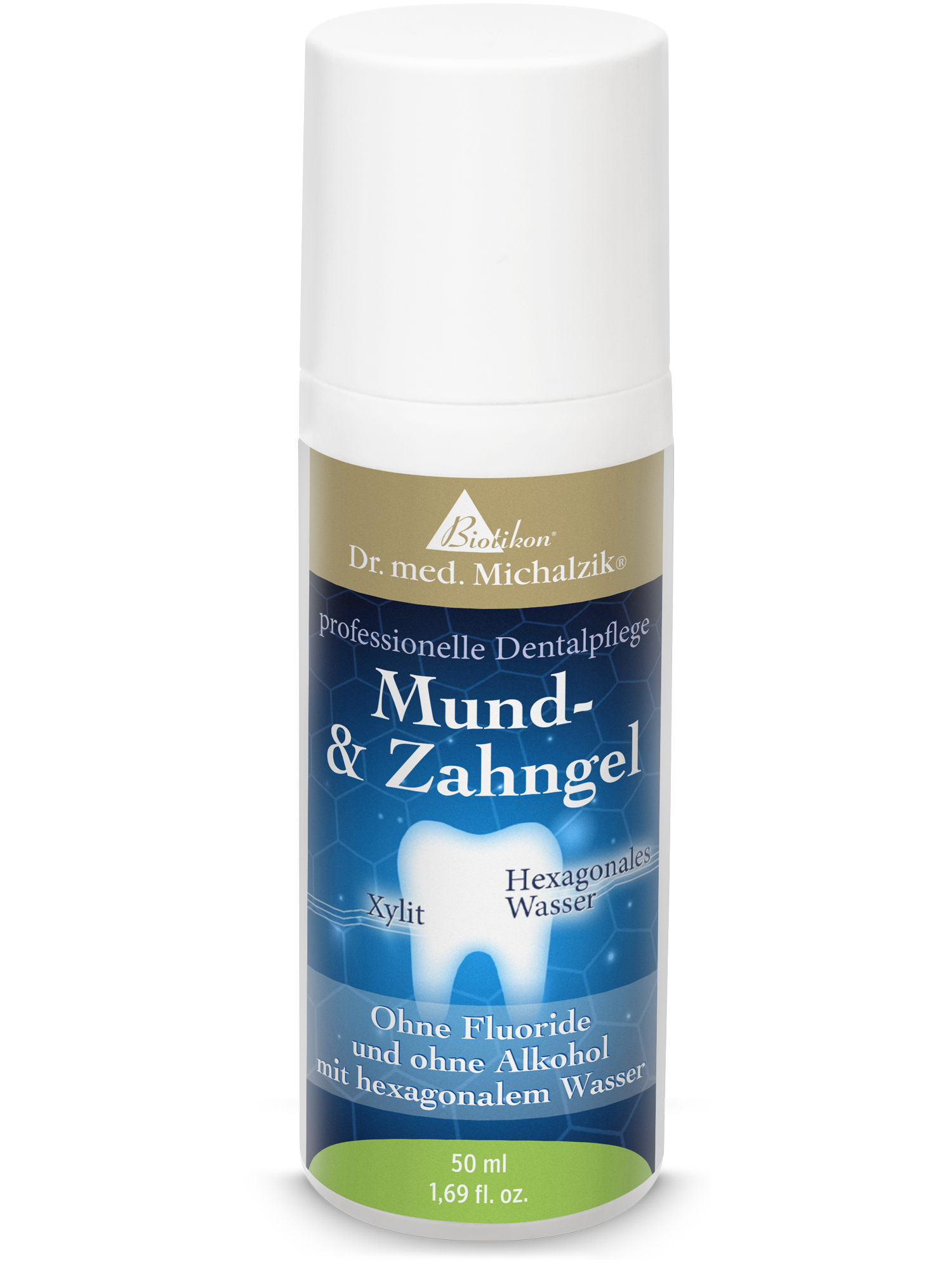 Mund- & Zahngel – 50 ml Mund- & Zahngel in Sprühflasche, 50 ml, mit Xylit und hexagonalem Wasser, blau und weiß.