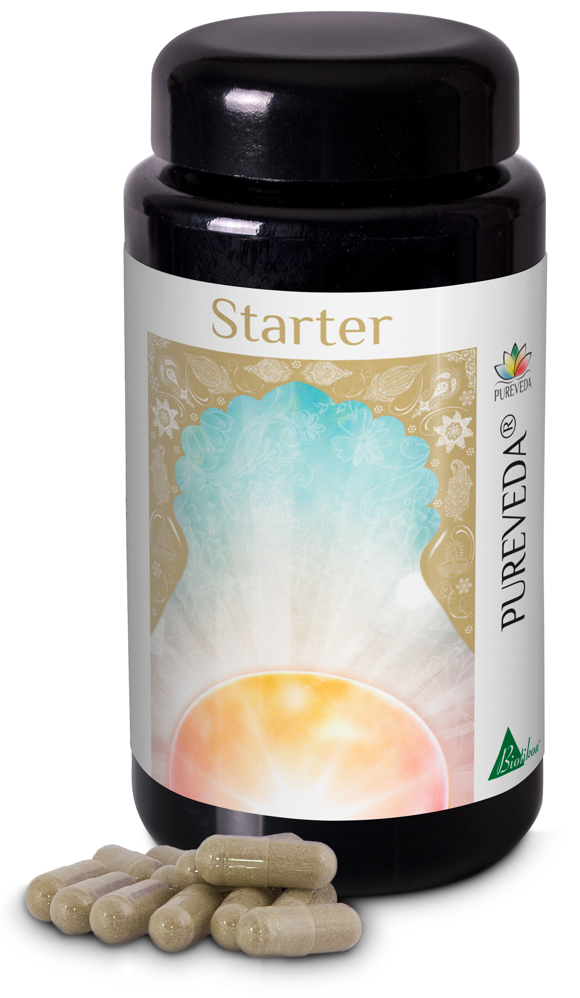 Starter – Kapseln Schwarze Flasche mit Kapseln, beige und goldfarbene Verpackung, 60 Kapseln, perspektivische Ansicht.