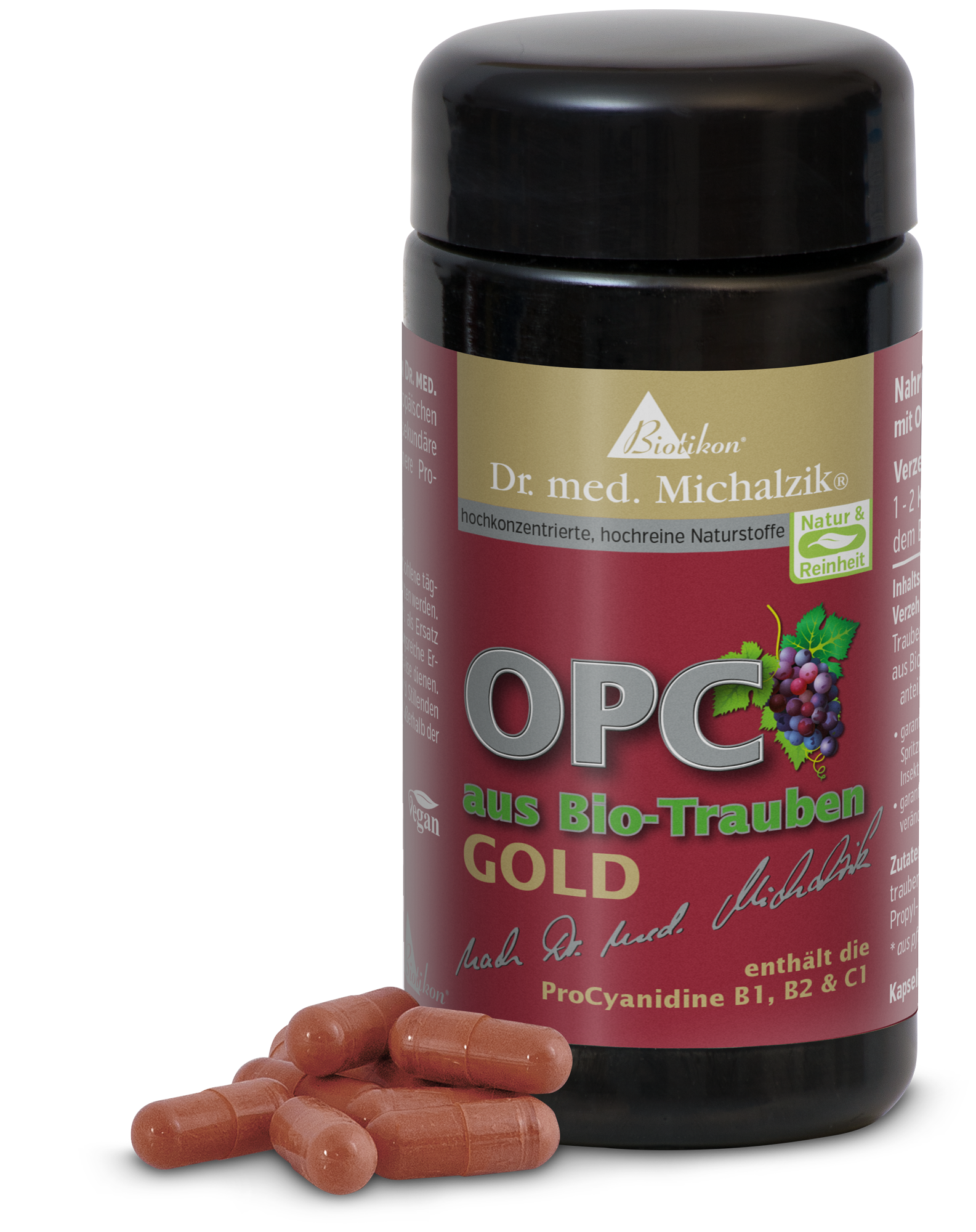 OPC aus Bio-Trauben GOLD – 60 Kapseln Dose mit OPC Kapseln aus Bio-Trauben, 60 rote Kapseln, seitliche Perspektive
