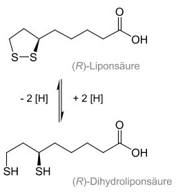 Alpha-liponsaeure Strukturformel Chemische Strukturformeln von (R)-Liponsäure und (R)-Dihydroliponsäure, schwarz-weiß, mit Reaktionspfeilen.
