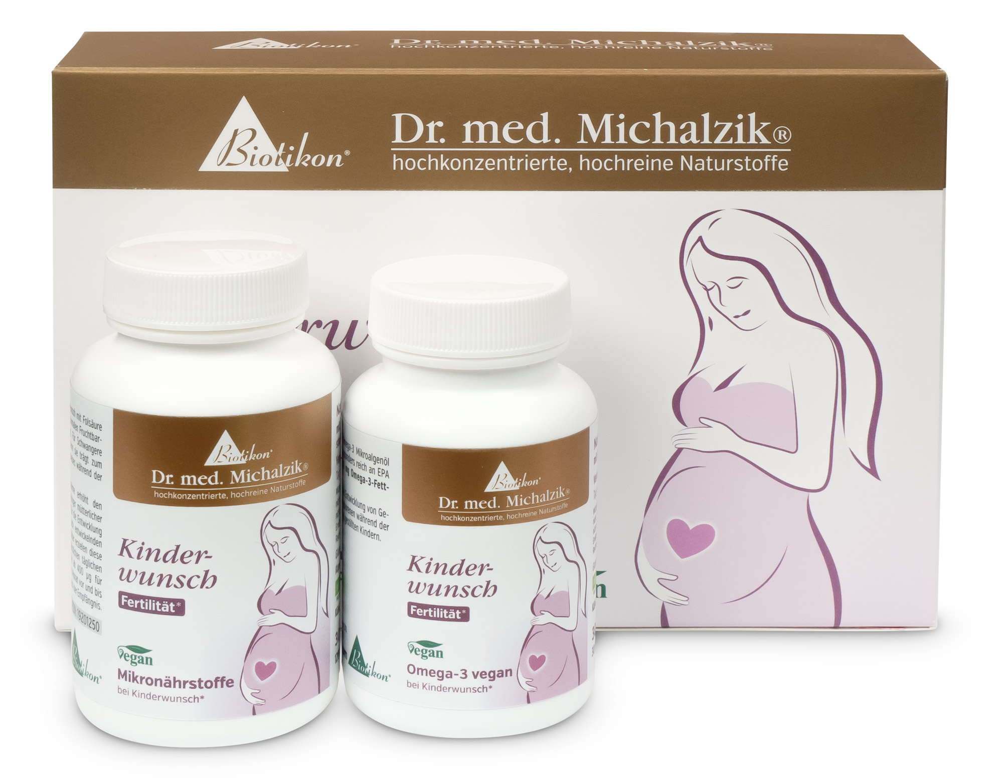 Kinderwunsch – Mikronährstoffe & Omega-3 vegan Zwei Flaschen Nahrungsergänzungsmittel für den Kinderwunsch, mit 60 Kapseln in weißer Verpackung, neben einer abgebildeten Box.