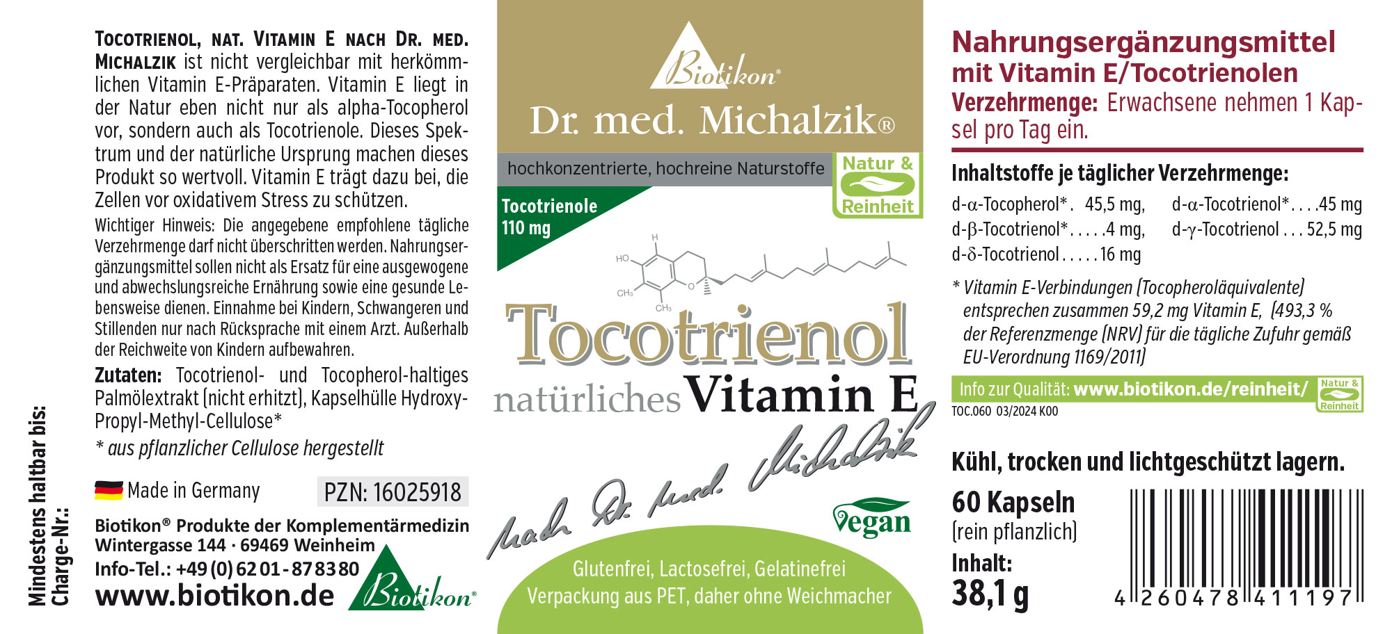 Tocotrienol 110 mg – 60 Kapseln Tocotrienol Nahrungsergänzungsmittel in einer Packung mit 60 Kapseln, vegan, grau-weiße Farbkombination.