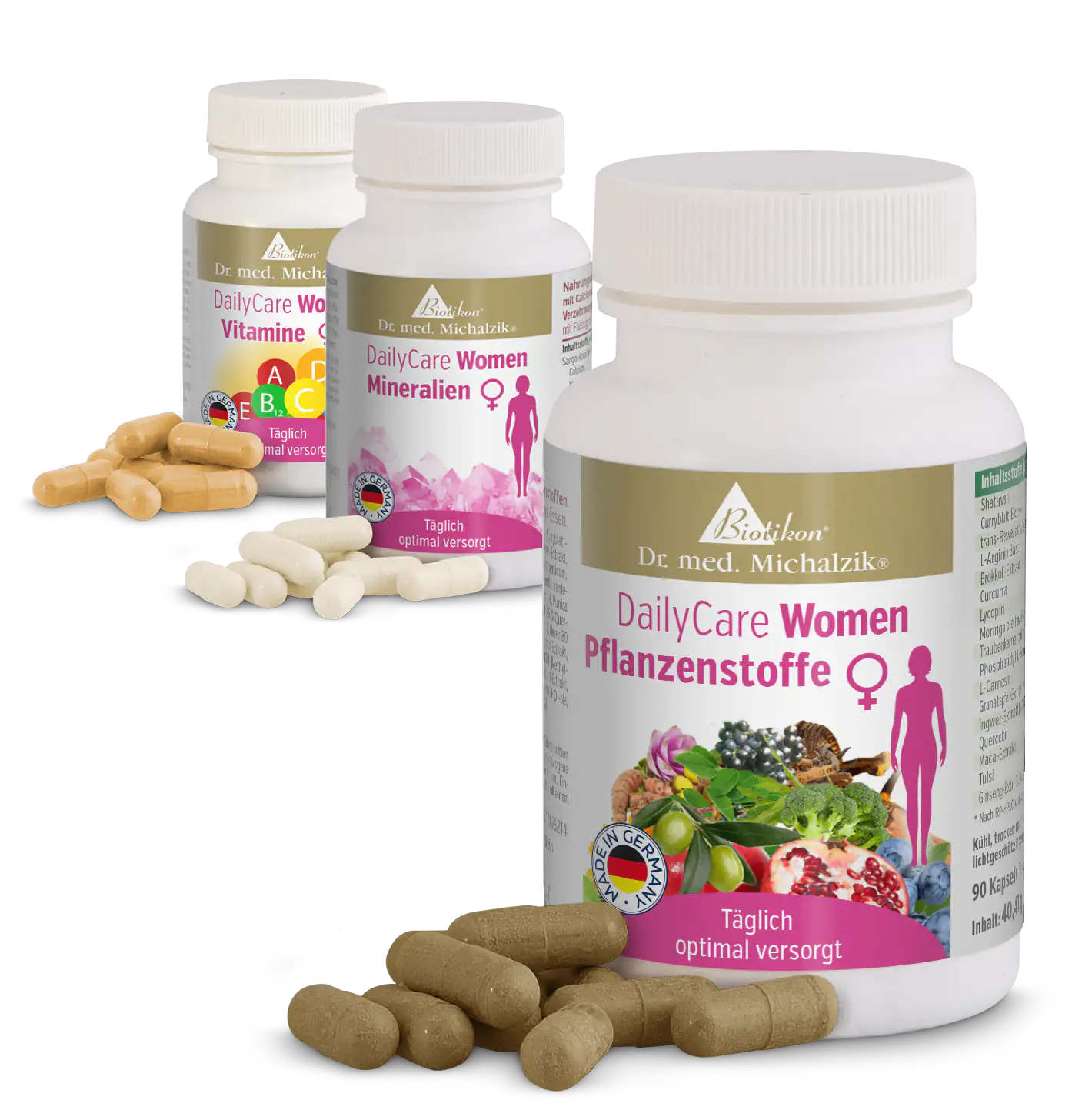 DailyCare Women Pflanzenstoffe – 90 Kapseln DailyCare Women Pflanzenstoffe in einer weißen Flasche, 90 Kapseln in brauner Farbe, gut sichtbar.
