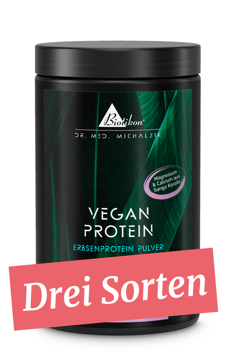 Weißer Behälter mit lila Design, Proteinpulver, 500 g, drei verschiedene Sorten.