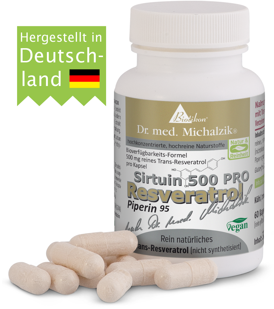 Resveratrol 500 Pro Dose hergestellt in Deutschland Weißes Kapsel-Fläschchen mit 500 mg Trans-Resveratrol, 60 Kapseln, vegan.