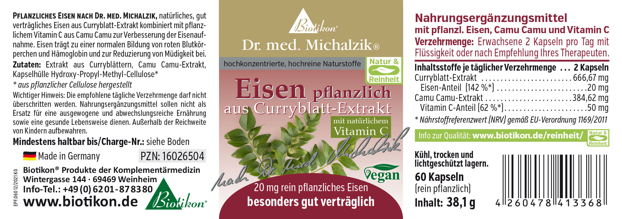 Pflanzliches Eisen 20 mg – Kapseln 60 Kapseln mit pflanzlichem Eisen aus Curryblatt-Extrakten und Vitamin C, in einfacher Sicht auf die Verpackung.