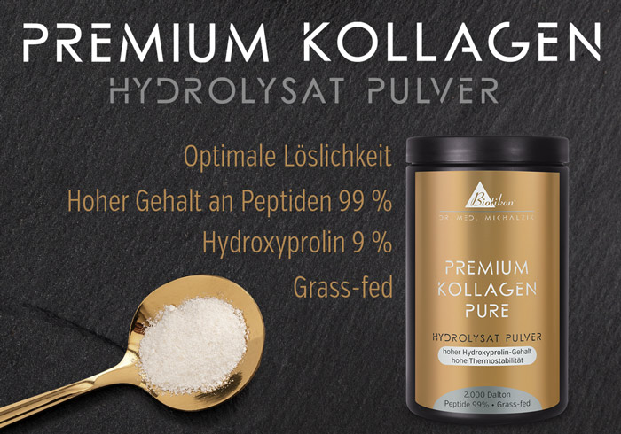 Kollagen-Pulver Banner Text: 2.000 Dalton Peptide - über 99% Peptidanteil. Premium Kollagen Hydrolysat Pulver - Grass-fed - hoher Hydroxydprolin-Gehalt