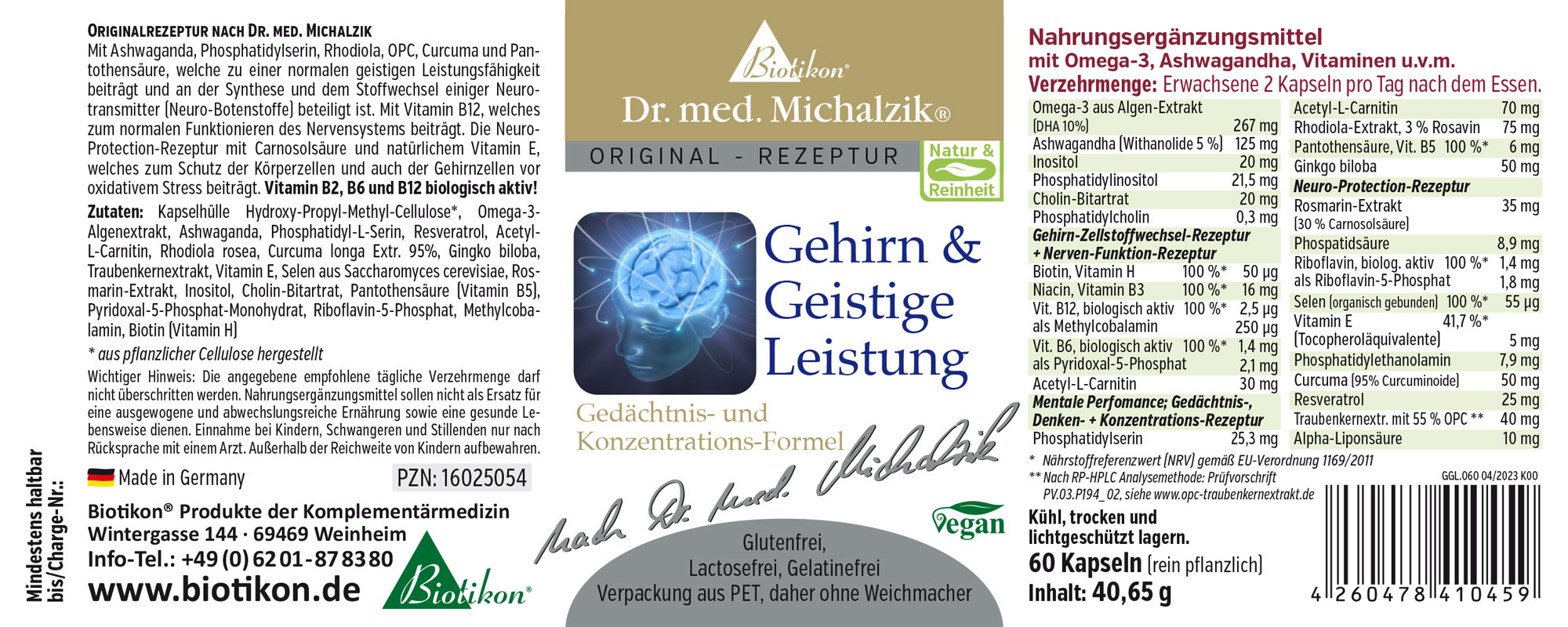Gehirn & Geistige Leistung – Kapseln Nahrungsergänzungsmittel für geistige Leistung, 60 Kapseln, grüne Verpackung, seitliche Sicht