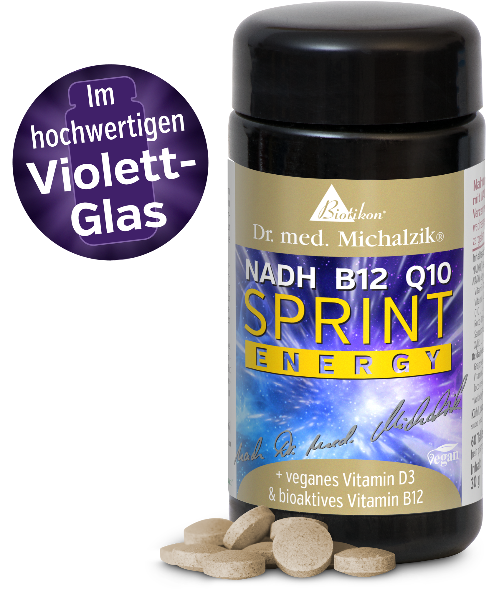 NADH B12 Q10 – 30 Tabletten NADH B12 Q10 Nahrungsergänzung – vegane Tabletten im schwarzen Glasbehälter, 30 Stück.