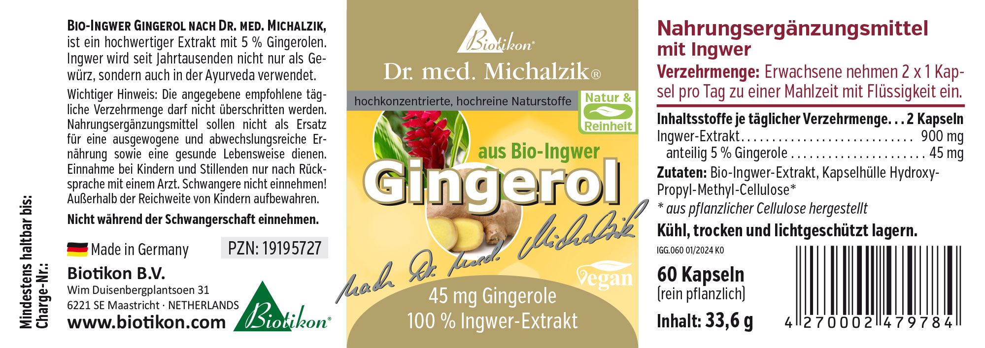 Bio-Ingwer Gingerol 900 mg – Kapseln 60 Kapseln mit 900 mg Ingwer-Extrakt und 45 mg Gingerolen, gelbe Verpackung, Vorderansicht.