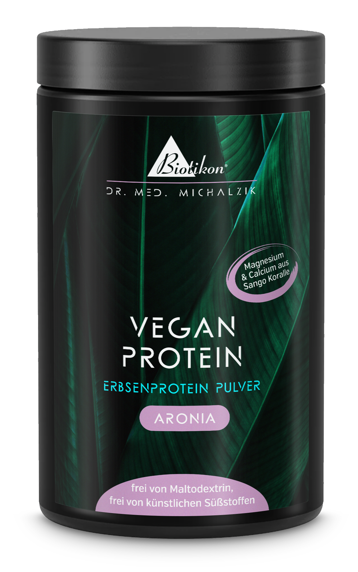 Weißer Behälter mit lila Akzent, Pflanzenprotein-Pulver Aronia, 500 g, seitliche Ansicht.