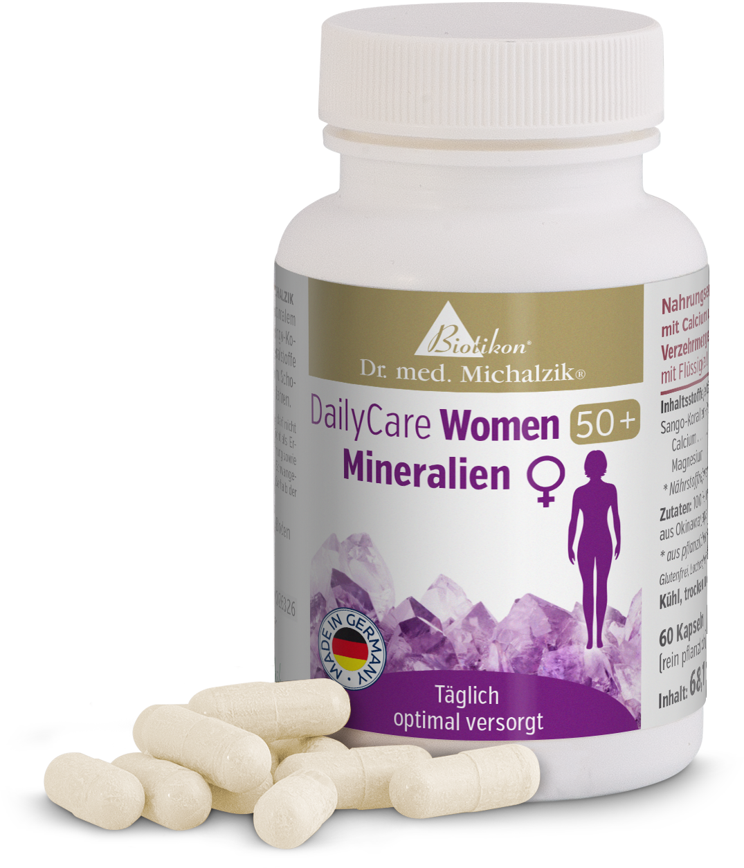 Mineralien 60 Kapseln – DailyCare Women 50+ Flasche mit 60 weißen Kapseln, DailyCare Women 50+, Mineralien, aus verschiedenen Perspektiven.