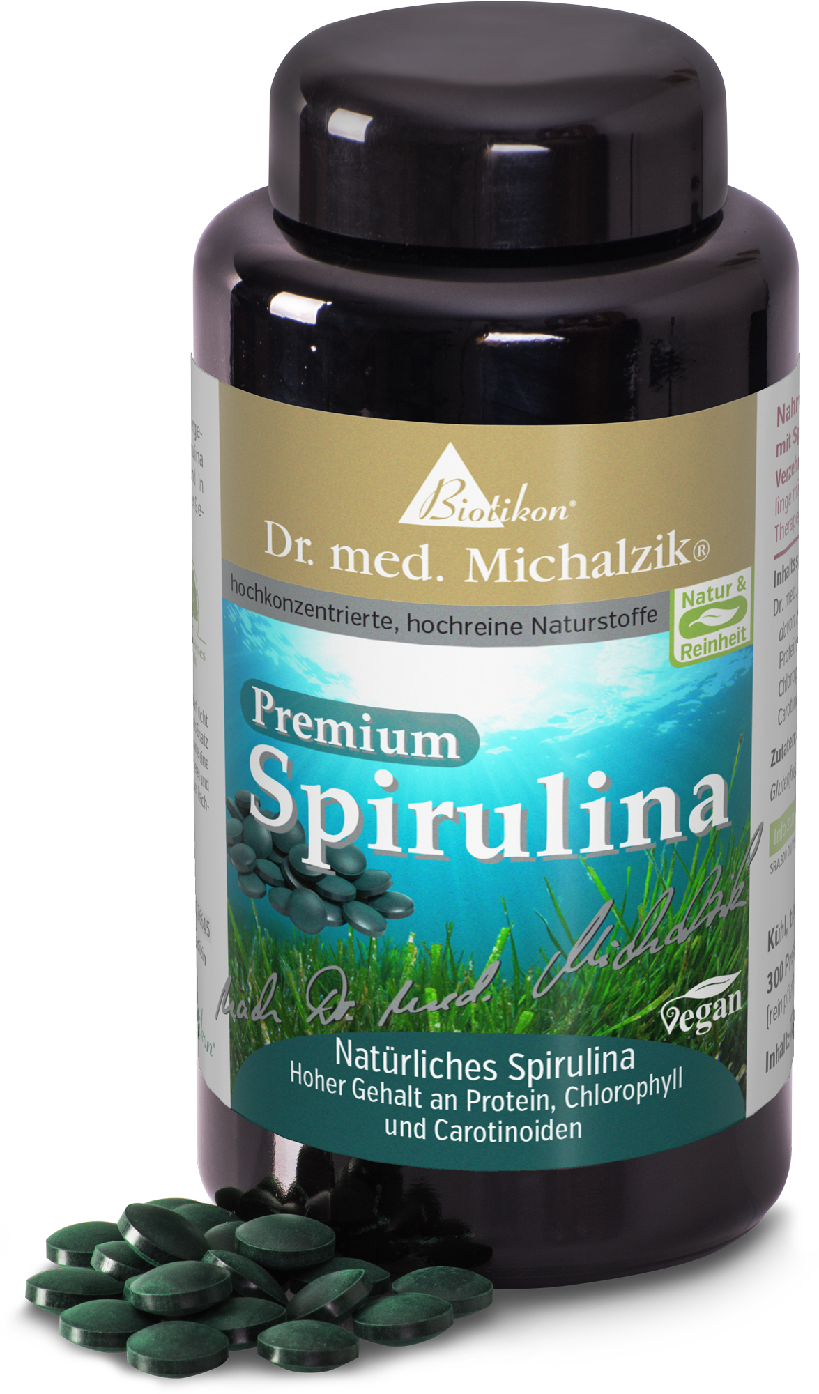 Spirulina 300 Tabletten – Premium Nahrungsergänzung Premium Spirulina in einem schwarzen Behälter, 300 grüne Tabletten sichtbar, vegane Formel.