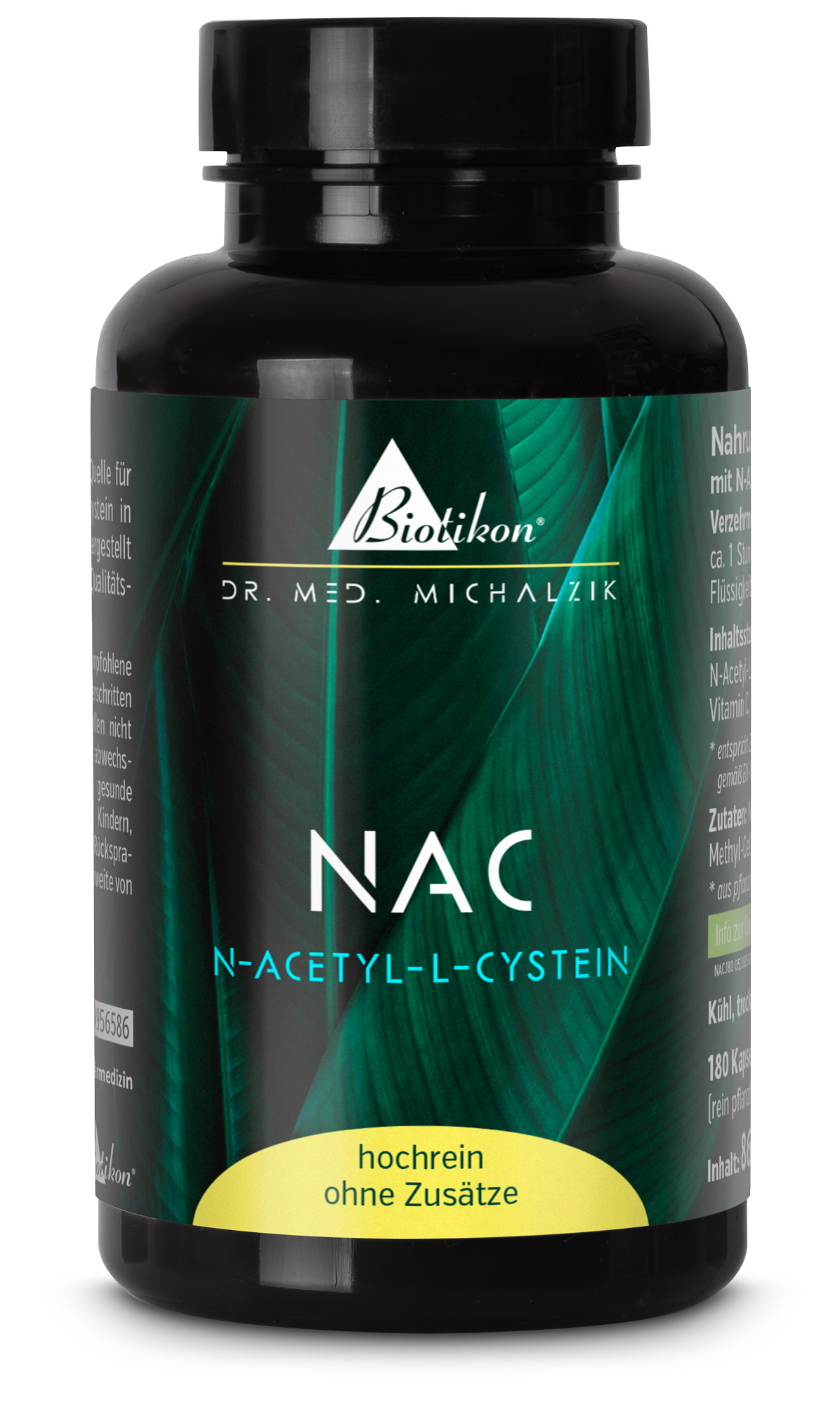 NAC N-Acetyl-L-Cystein – 180 Kapseln Schwarze Kapsel-Flasche mit N-Acetyl-L-Cystein, 180 Kapseln, hochrein, ohne Zusatzstoffe, grüne Blatt-Optik.