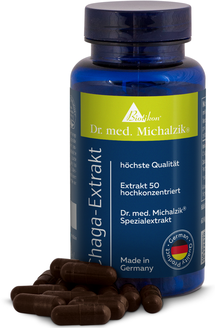 Chaga-Extrakt 60 Kapseln – hochkonzentriert Chaga-Extrakt in blauer Flasche mit 60 Kapseln, braune Kapseln liegen daneben.