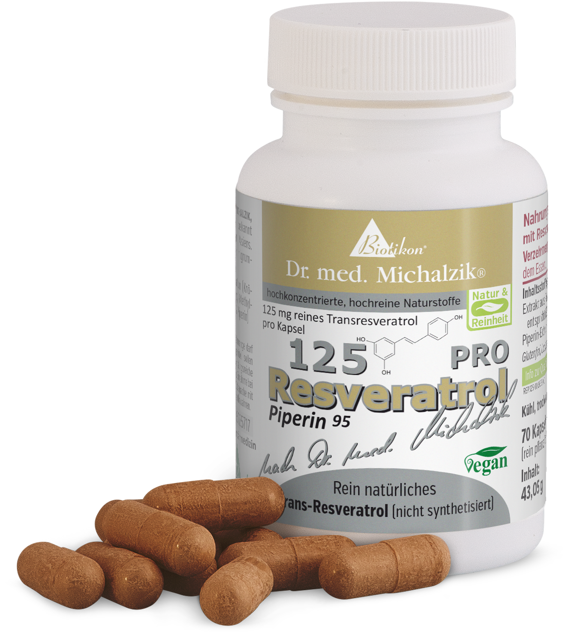 Resveratrol 125 mg – Kapseln Flasche mit 70 Kapseln, 125 mg reines Trans-Resveratrol, braune Kapseln, vegan