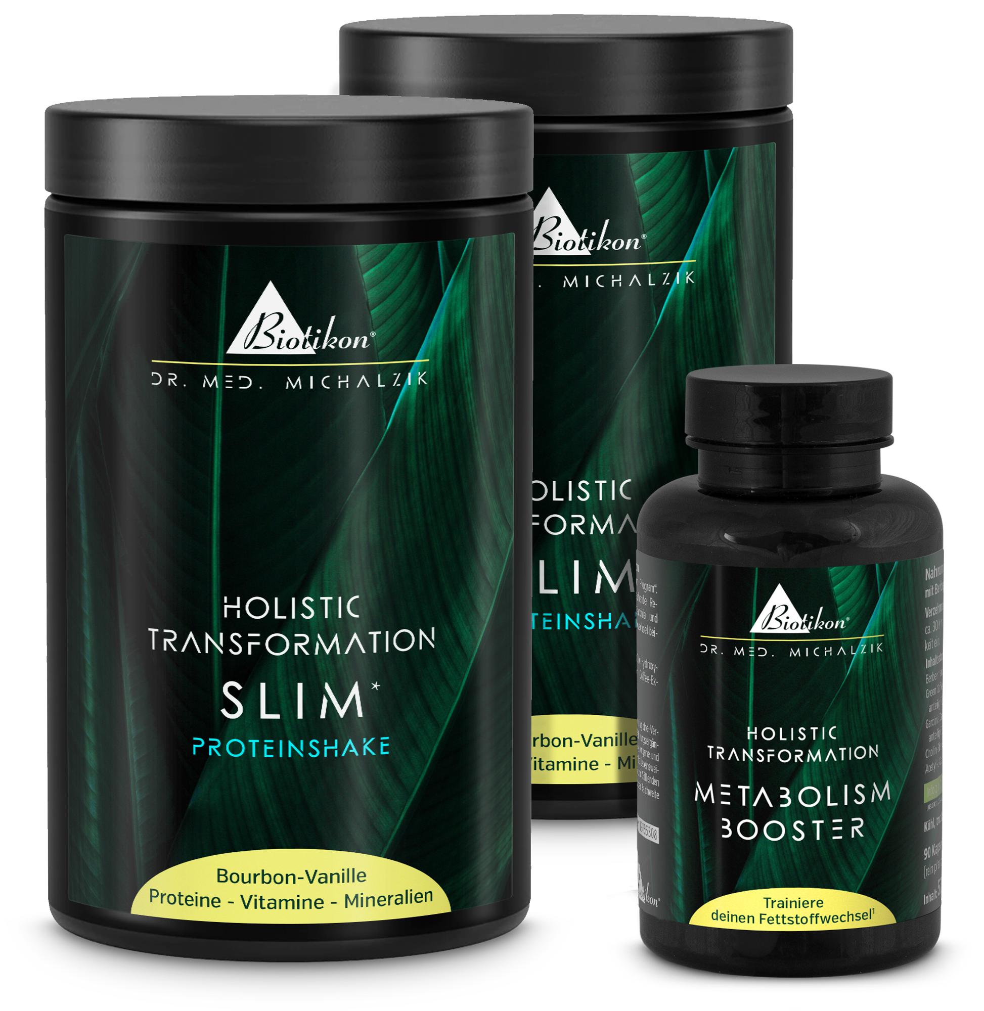 Holistic Transformation Slim Shake in schwarzem Behälter, 600 g, Geschmack Bourbon-Vanille, daneben Metabolism Booster in Kapseln.
