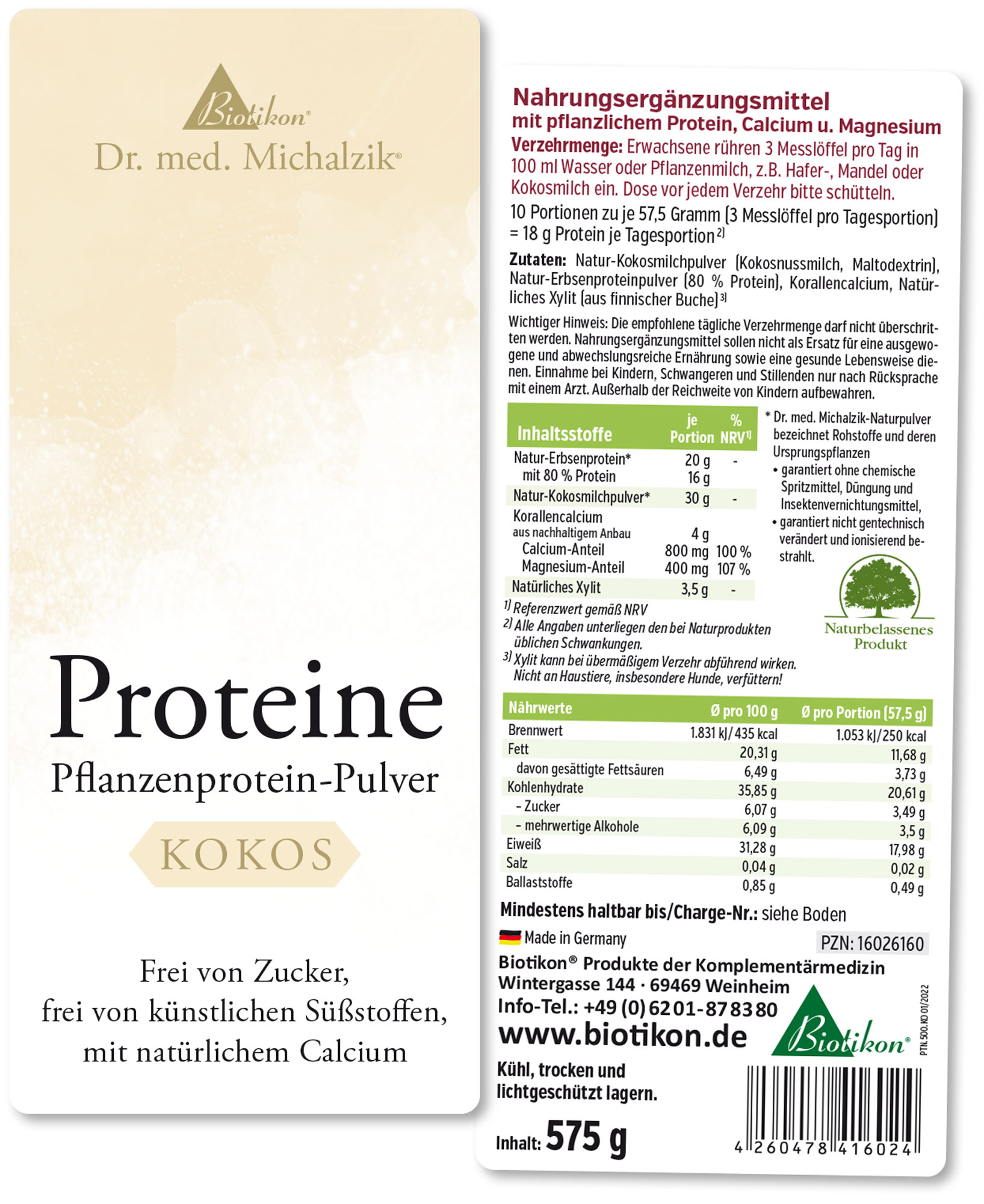 Pflanzenprotein-Pulver Kokos – 575 g Pflanzenprotein-Pulver in einer weißen Verpackung, 575 g, mit Kokosgeschmack, sichtbar sind Nährwerte und Zutaten.