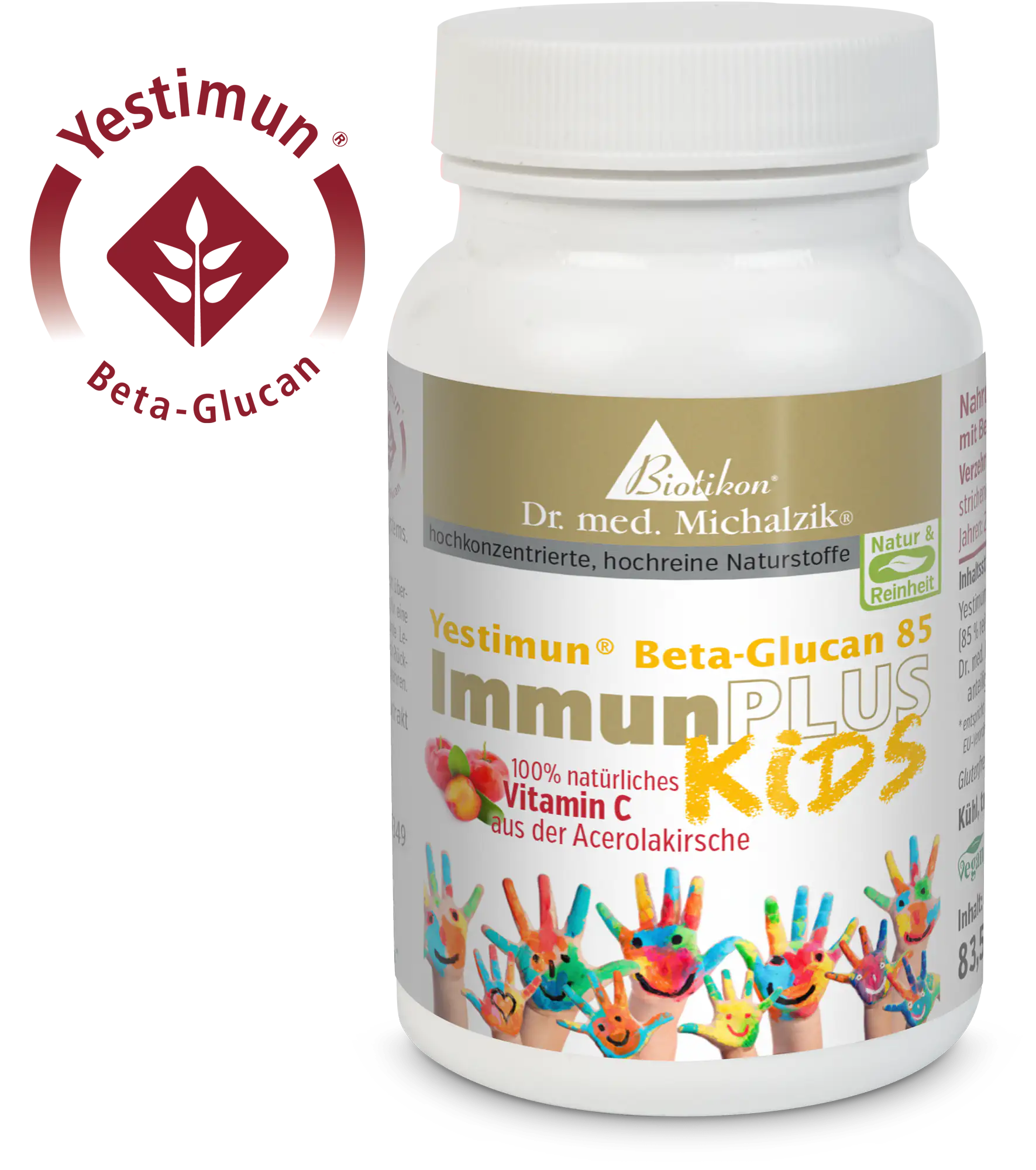 ImmunPlus Kids-Dose mit Yestimun Logo Yestimun Beta-Glucan 85 Kapseln, 100% natürliche Zutaten, bunte Hände auf dem Etikett, stabiler Kunststoffbehälter.