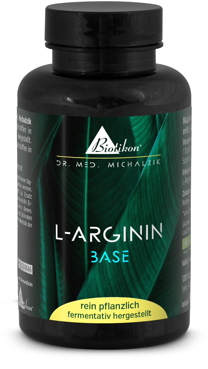 L-Arginin 120 Kapseln – pflanzlich fermentiert Schwarze Flasche mit L-Arginin Kapseln, 120 Stück, rein pflanzlich, fermentativ hergestellt, frontal präsentiert.