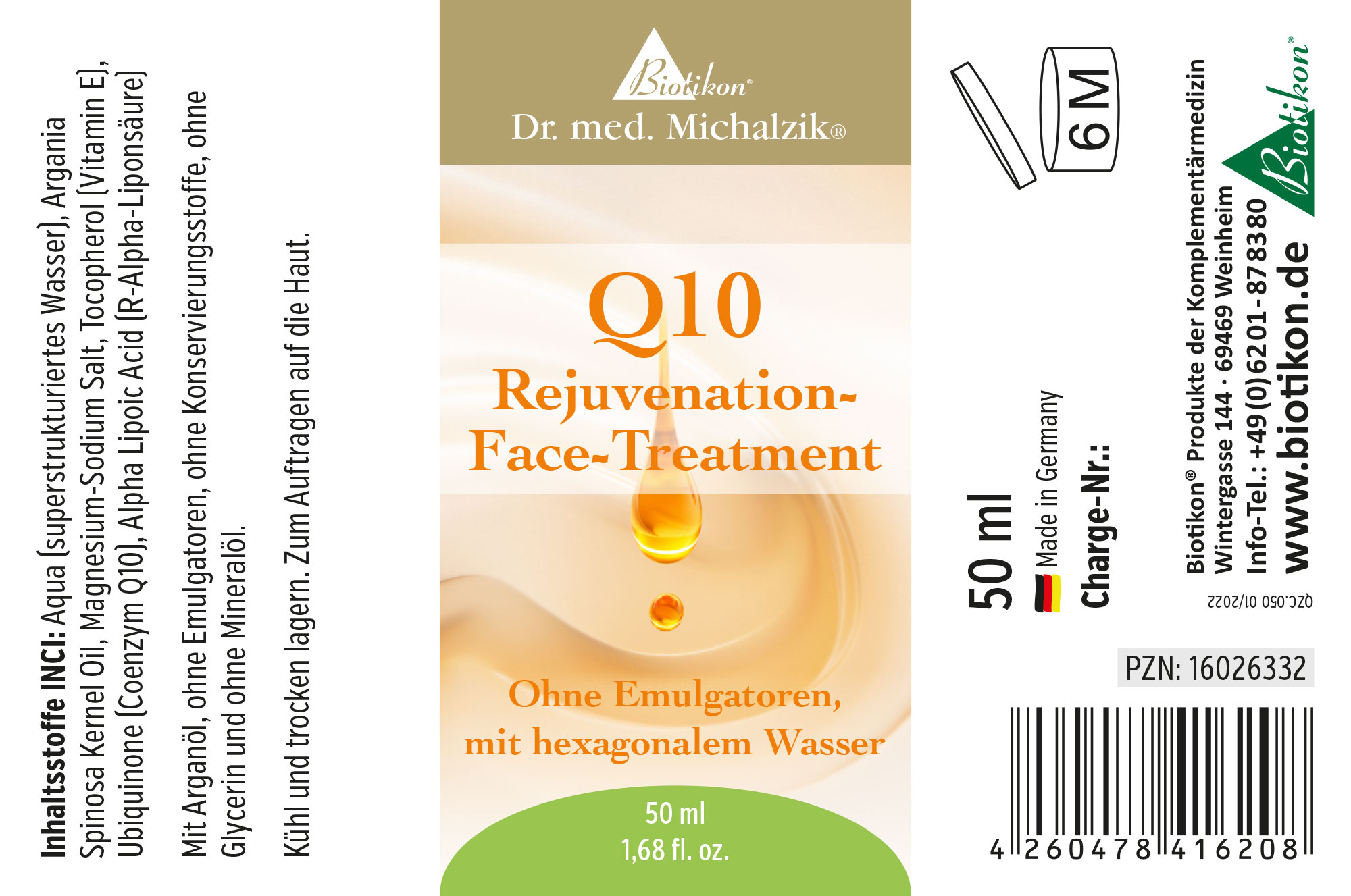 Q10 Gesichtsbehandlung 50 ml – Gesichtspflege 50 ml Flasche mit Q10 Rejuvenation Face Treatment, transparente Verpackung, helle Farbe.