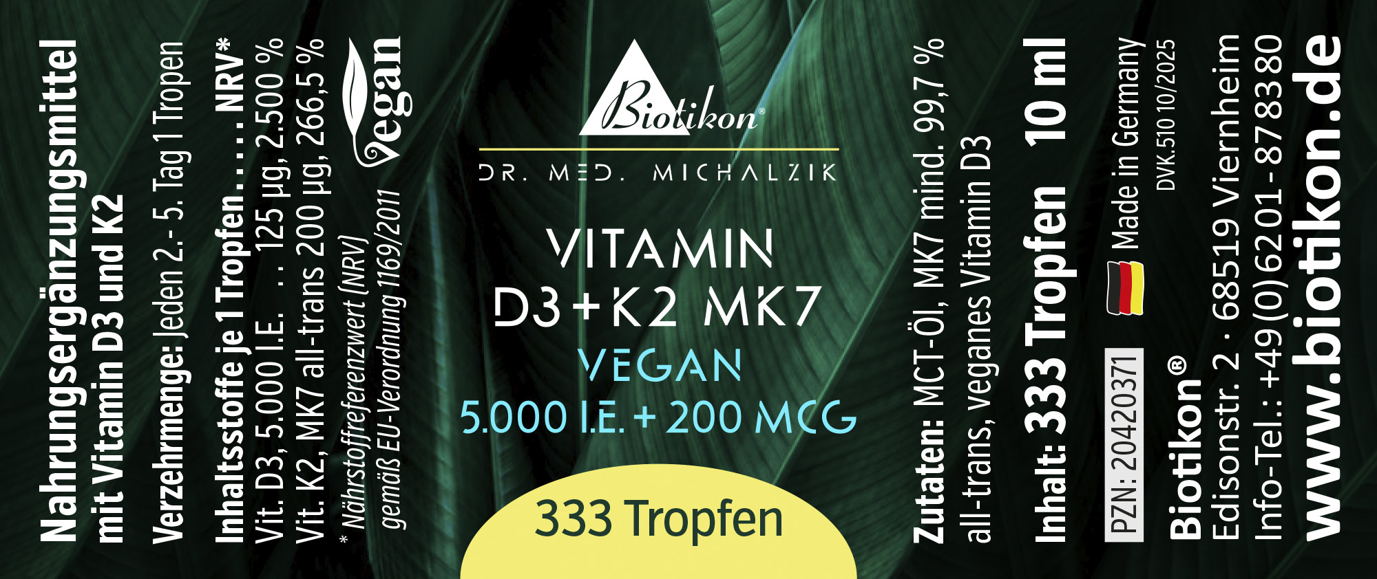 Flasche mit 333 Tropfen Vitamin D3 und K2 MK7, 10 ml, grüne Verpackung, vegan.