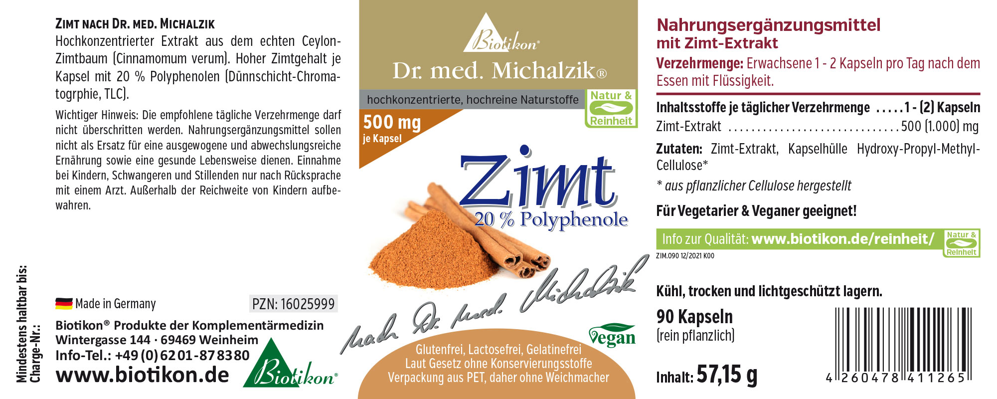Zimt 500 mg – Kapseln Nahrungsergänzungsmittel mit Zimt-Extrakt, 90 Kapseln in einer lichtgeschützten Verpackung, vegan und aus pflanzlichen Zutaten.