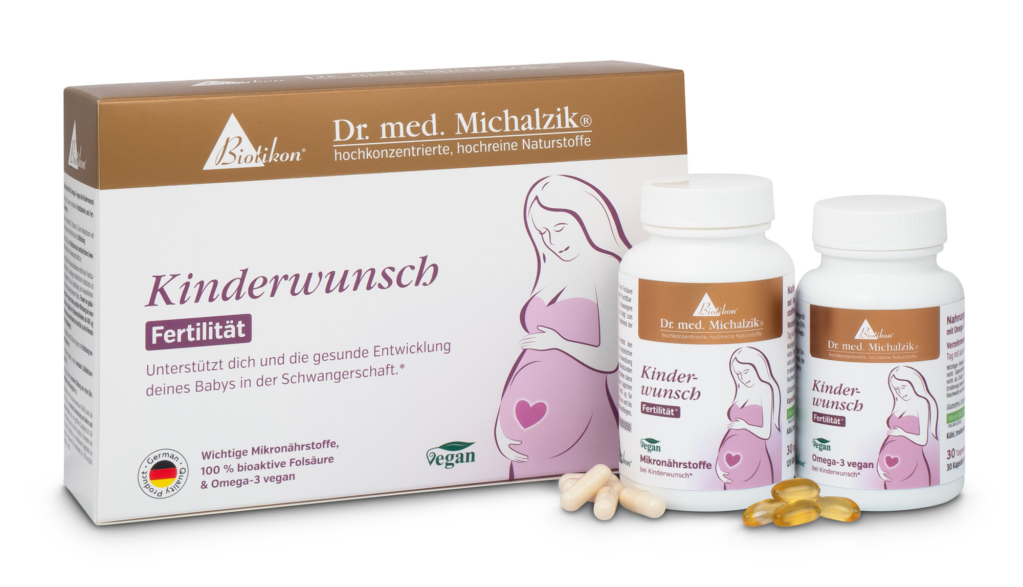 Kinderwunsch Fertilität – 30 Kapseln Verpackung von Kinderwunsch Nahrungsergänzung, zwei Flaschen mit Kapseln, eine mit Gelkapseln, vegane Formel, Vorderansicht