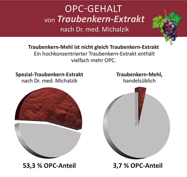Traubenkern-Extrakt – Spezial-Extrakt 53,3% OPC Grafik zu OPC-Gehalt von Traubenkern-Extrakt und Traubenkern-Mehl, mit Tortendiagramm und Prozentangaben.