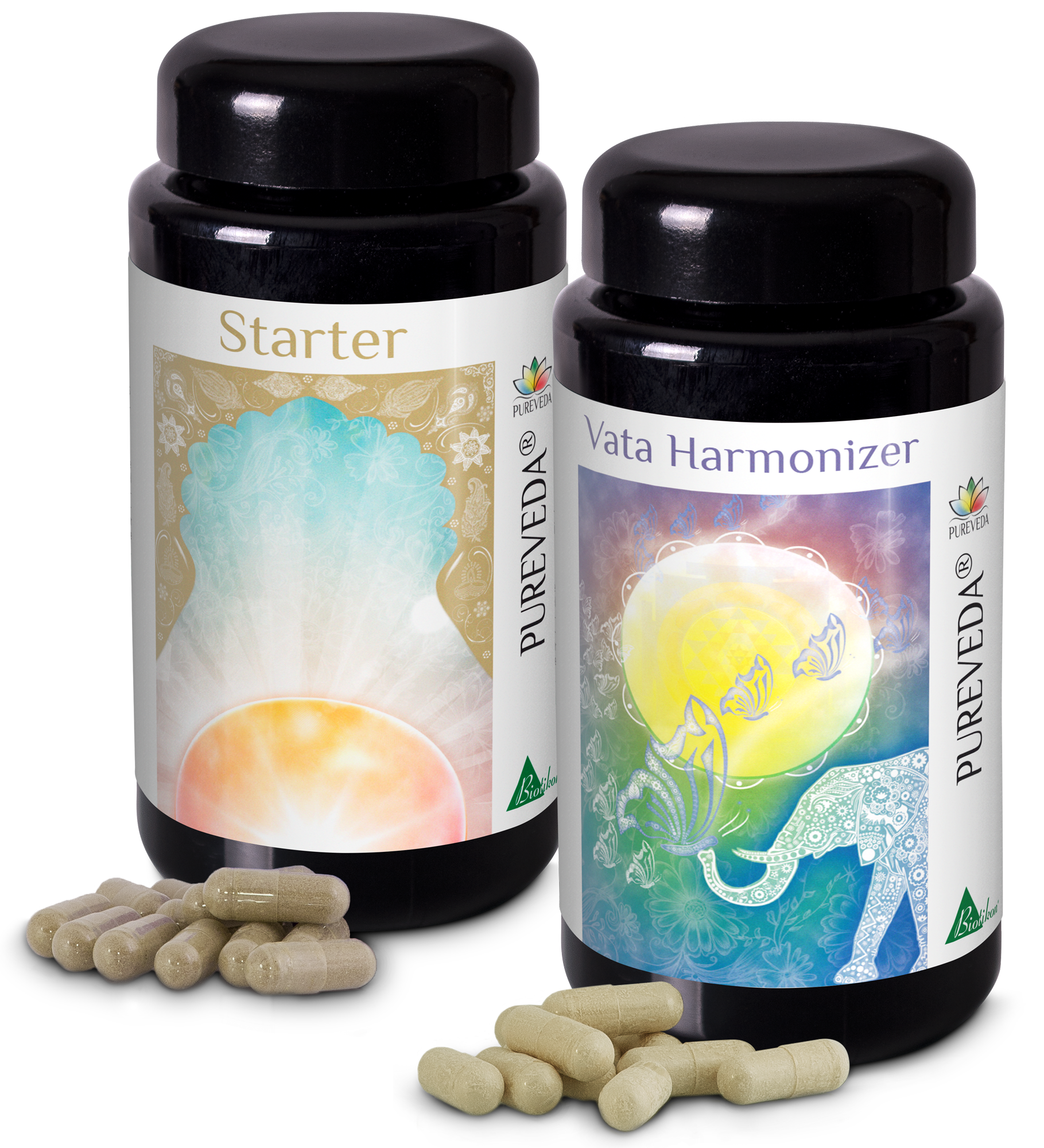 Ayurvedische Kapseln – Starter & Vata Harmonizer Zwei schwarze Flaschen mit ayurvedischen Kapseln, Starter und Vata Harmonizer, mit mehreren Kapseln im Vordergrund.