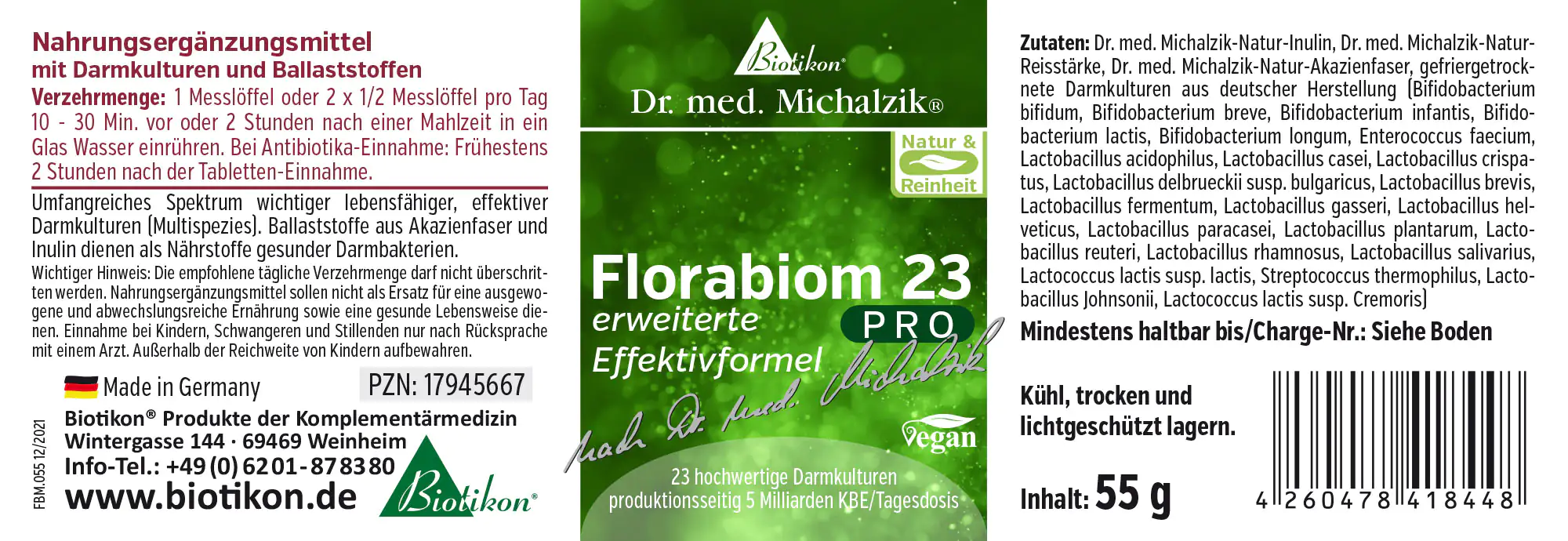 Florabion 23 PRO – 55 g Pulver Nahrungsergänzungsmittel in grünem Verpackungsdesign, 55 g, Pulver zur Einnahme mit Wasser, hergestellt in Deutschland.