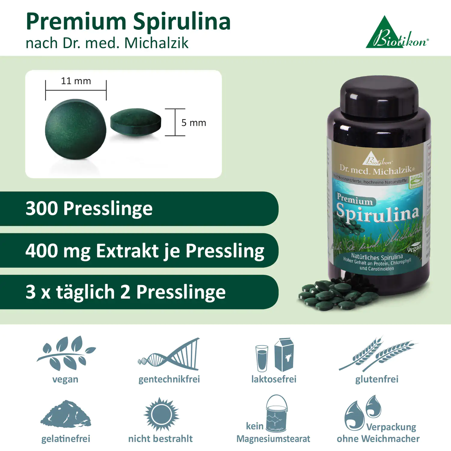 Produktinfo Spirulina Grafik Flasche mit 300 Presslingen Premium Spirulina, je 400 mg, grün, vegan, seitliche Ansicht.