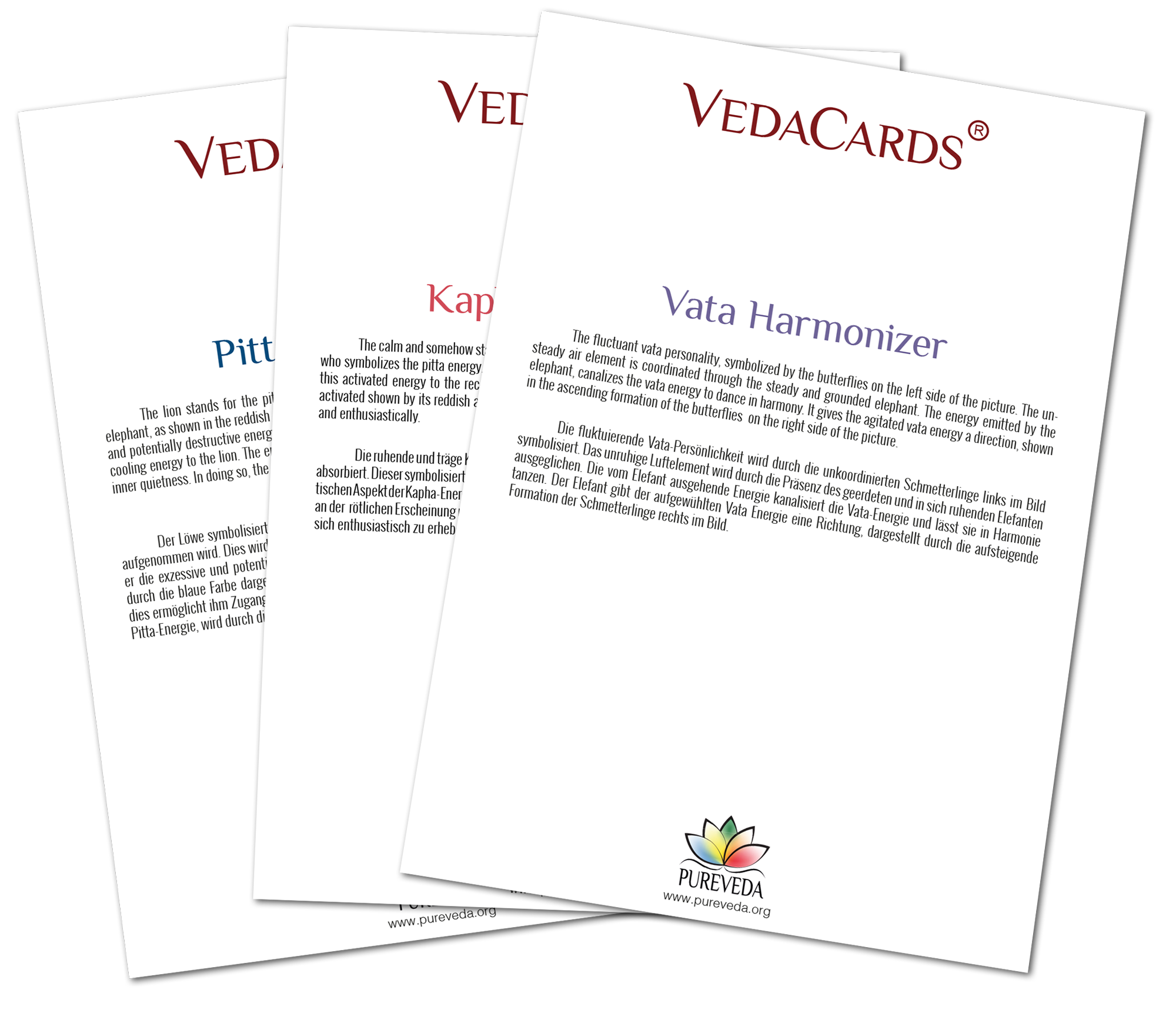 VedaCards – Vata Harmonizer Set von VedaCards mit Informationen zu Vata, Pitt und Kapha, farblich gestaltet, in einer Übersicht.