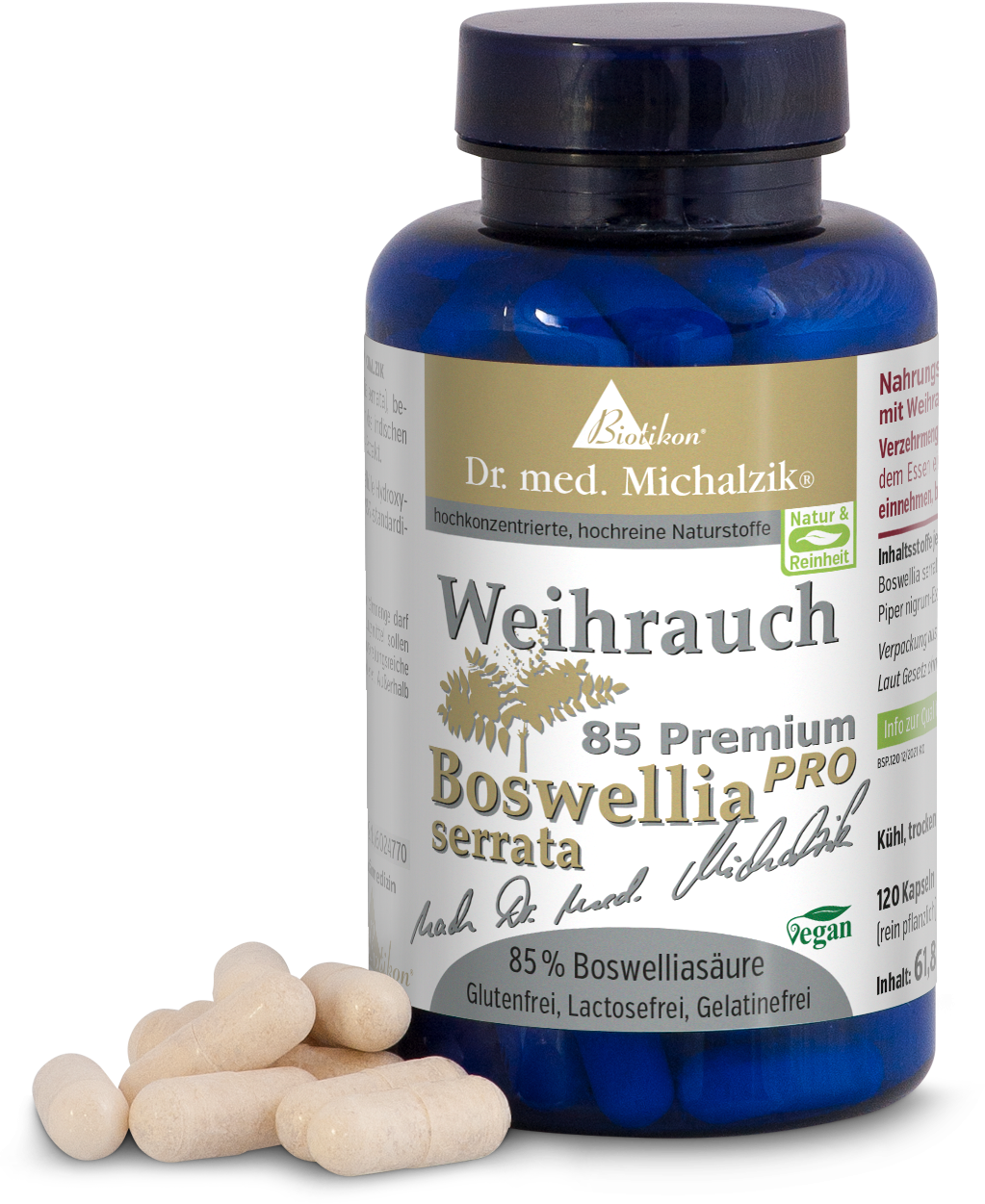 Weihrauch 85 Premium – Kapseln Blaues Fläschchen mit 120 Kapseln, enthält 85% Boswelliasäure, vegan, glutenfrei, auf einem hellen Hintergrund.