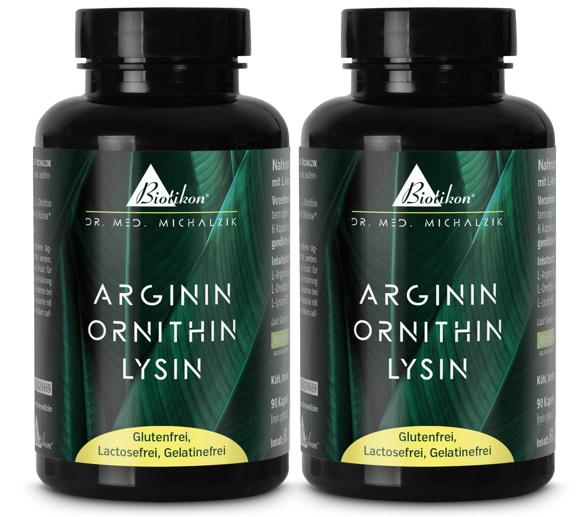 Zwei blaue Flaschen mit 90 Kapseln Arginin Ornithin Lysin, glutenfrei, in PET-Verpackung.