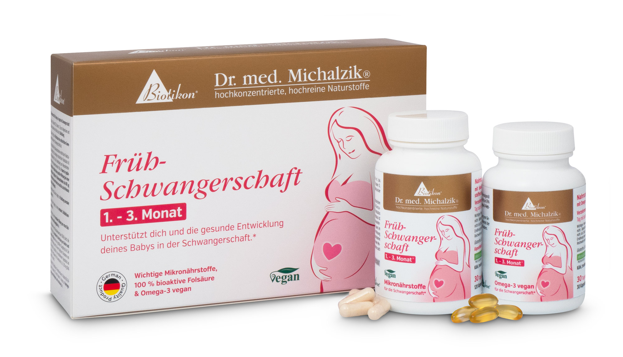 Frühschwangerschaft – Mikronährstoffe 30 Kapseln Verpackung mit zwei Flaschen für Frühschwangerschaft, 30 Kapseln, vegan, helles Design, seitliche Perspektive.